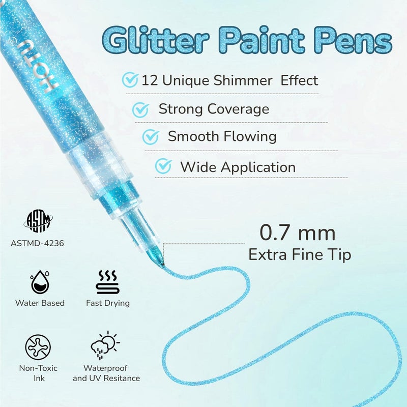 HOTU Glitter Markers Pen, 12 Glitter Colors Paint Pens Sparkly Metallic Shimmer Acrylic Marker Fine Point Tip 0.7mm Water-based Ink for Adults DIY Crafts Greeting Birthday Cards - Image 2